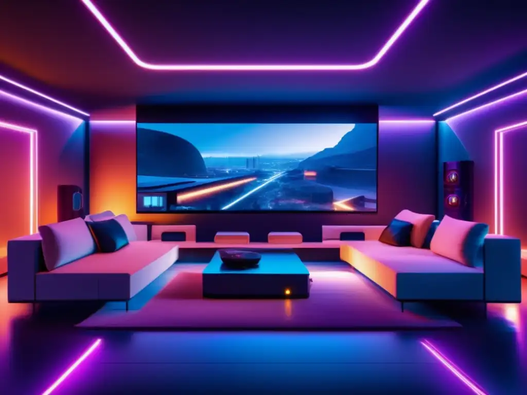 Sala de estar fortificada con armas Guía armas improvisadas hogar: sala de estar segura y futurista con muebles defensivos, iluminación estratégica y pantallas de vigilancia
