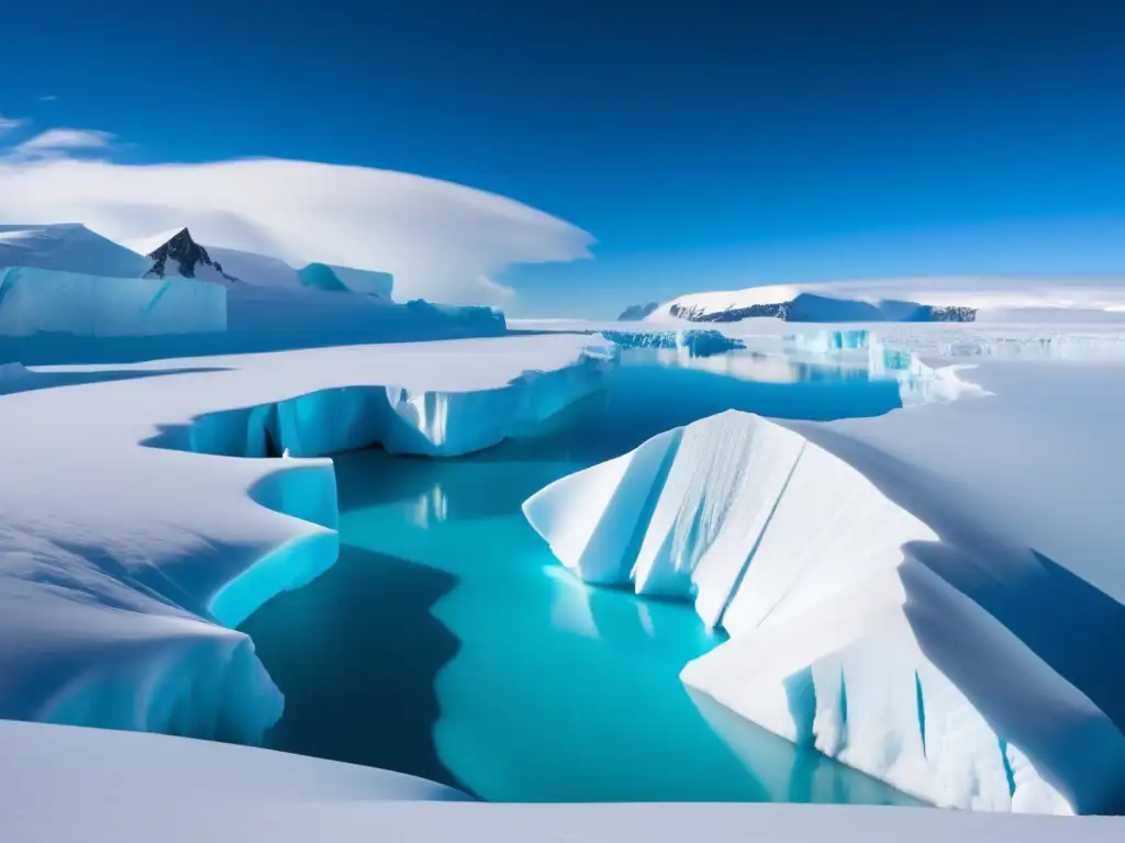 Impacto del deshielo de los polos: paisaje polar con hielo derretido, grietas en el glaciar, agua cristalina y montañas nevadas