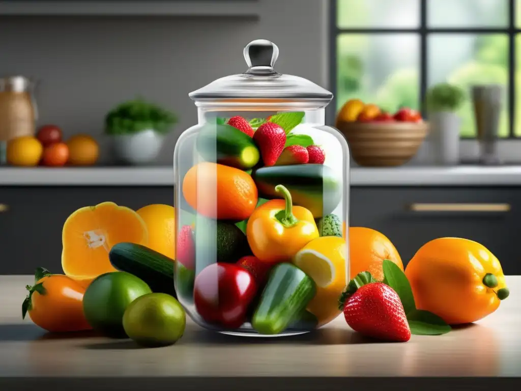 Preservación de frutas y verduras para supervivencia: imagen 8k detallada de frutas y verduras frescas en tarro de vidrio