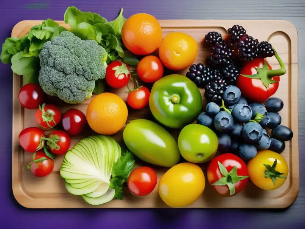 Variedad de frutas y verduras frescas en tabla de cortar