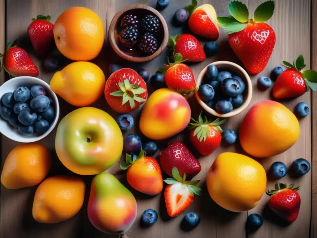 Mermeladas y conservas caseras supervivencia: Frutas frescas y vibrantes en mesa de madera rústica