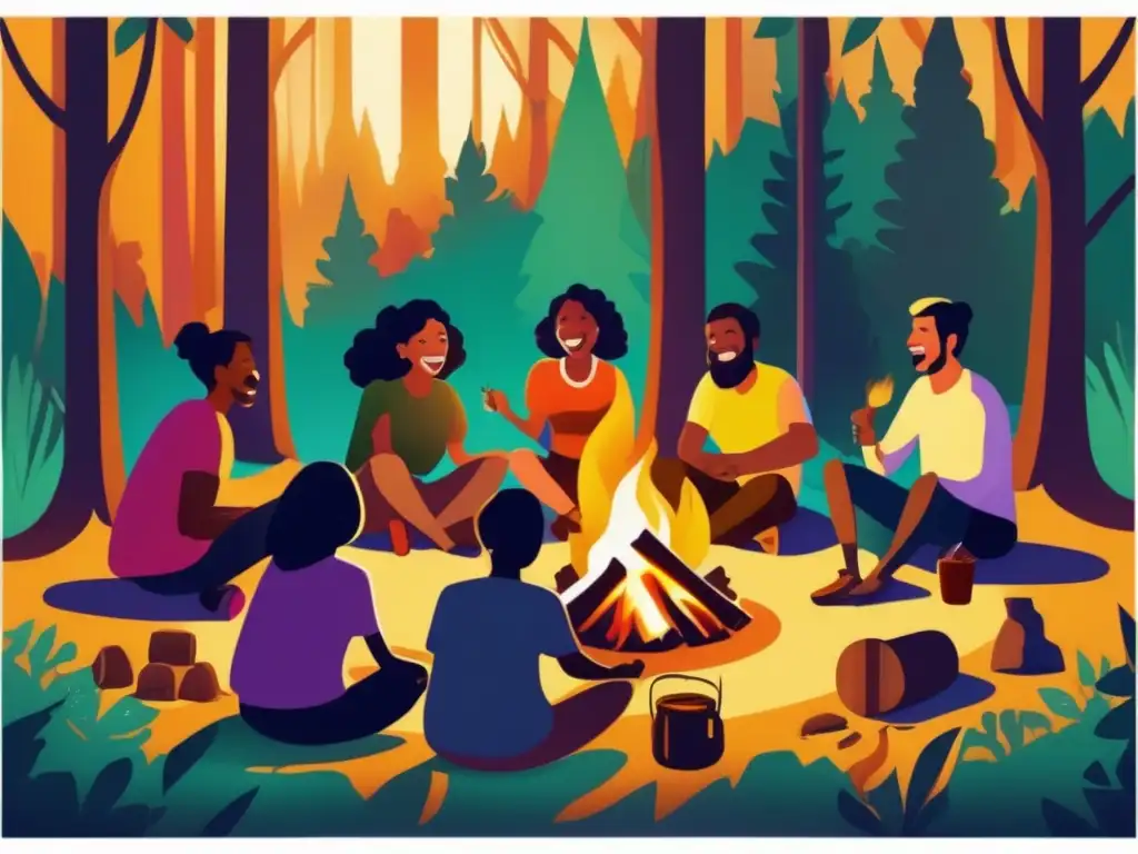 Grupo diverso disfruta de un campfire en el bosque, compartiendo risas y conexiones