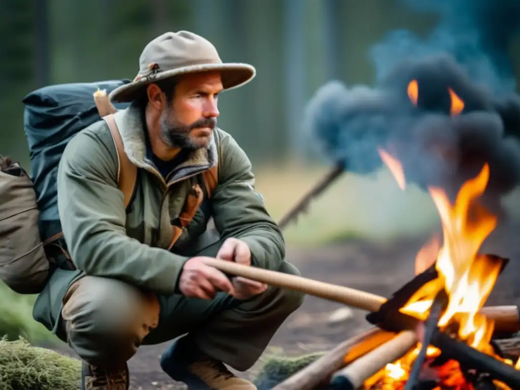 Taller de supervivencia: experto haciendo fuego en la naturaleza