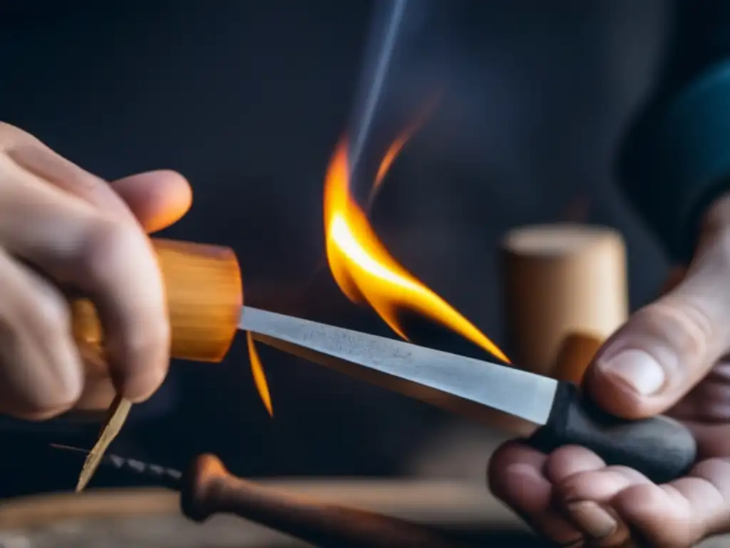 Técnicas de encendido de fuego sin fósforos: Manos sujetando arco y taladro en tabla de madera, listo para generar fricción