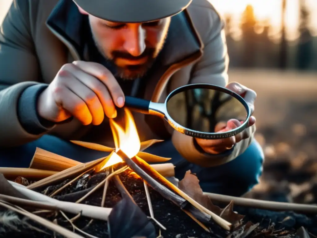 Persona usando lupa para encender fuego sin fósforos