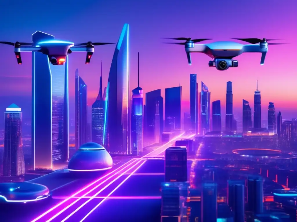 Ventajas de usar drones en seguridad prepper: ciudad futurista con edificios modernos, drones avanzados capturando imágenes y video