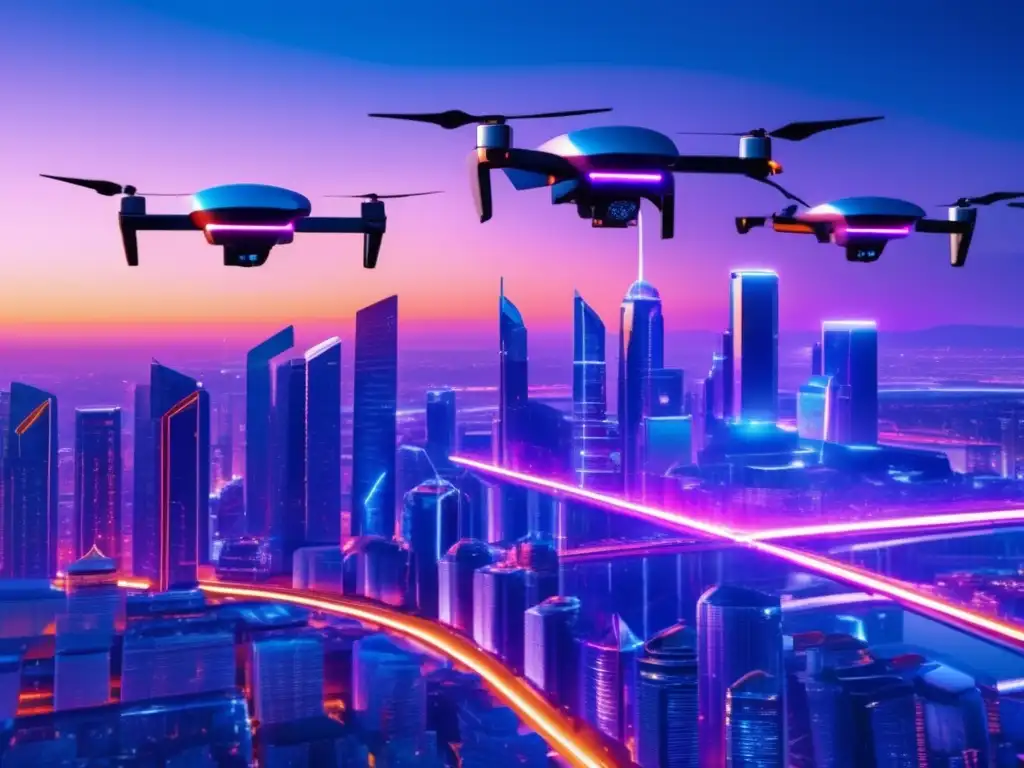 Futurista ciudad con edificios de vidrio reflectante, luces neón y drones de seguridad avanzados