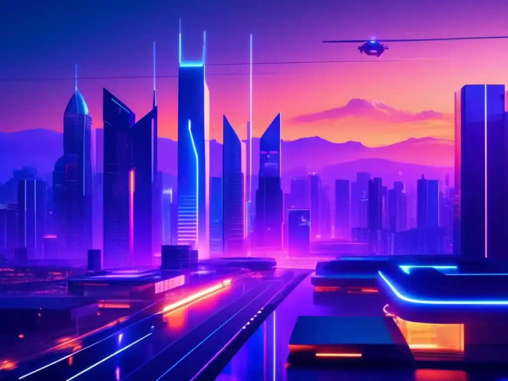 Futuroso paisaje urbano al atardecer con edificios modernos y luces vibrantes, donde preppers discuten seguridad y reconocimiento facial