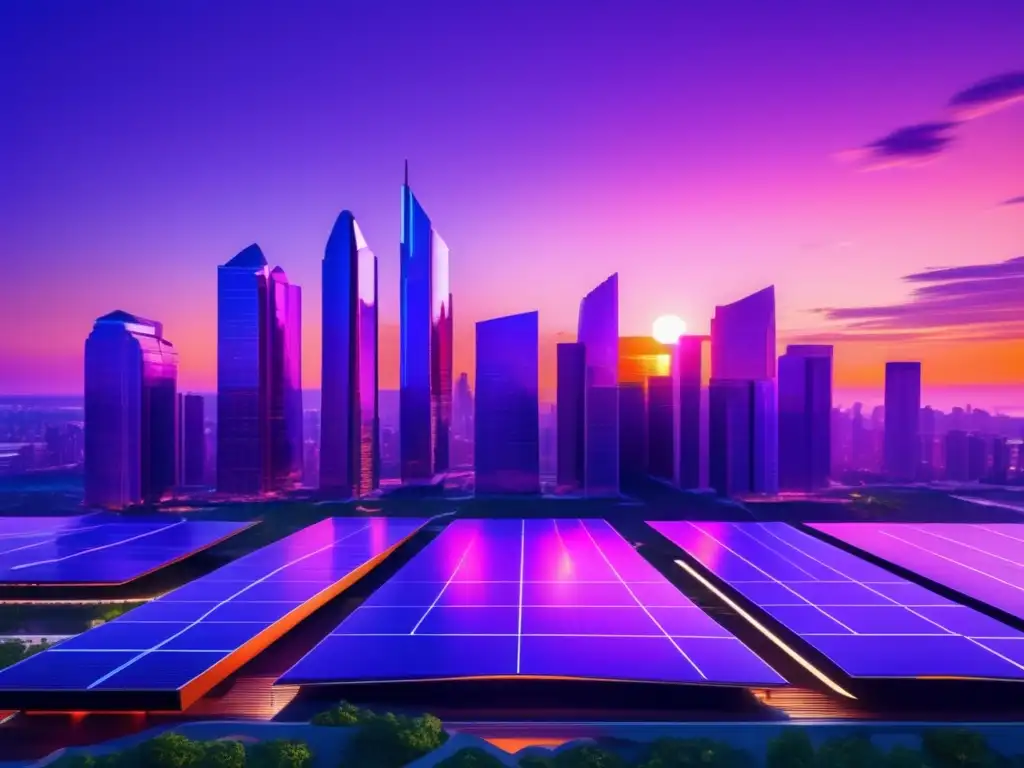 Ciudad futurista con rascacielos solares reflectantes, energía renovable y naturaleza