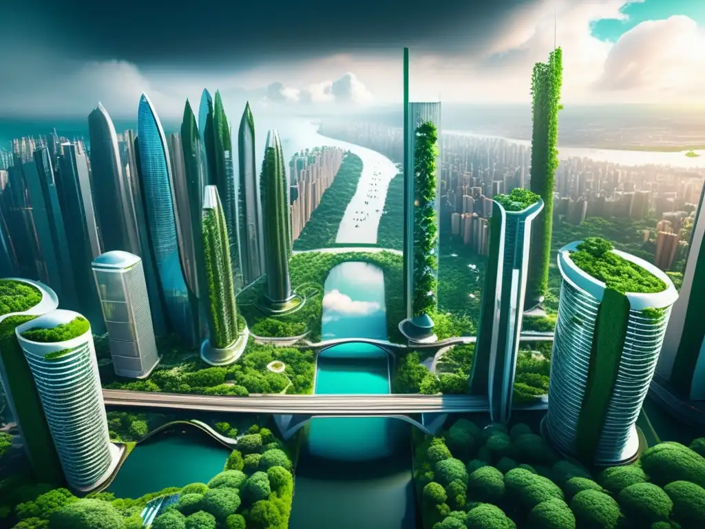 Futuro sostenible: Ciudad con rascacielos verdes, puentes conectados y energía renovable