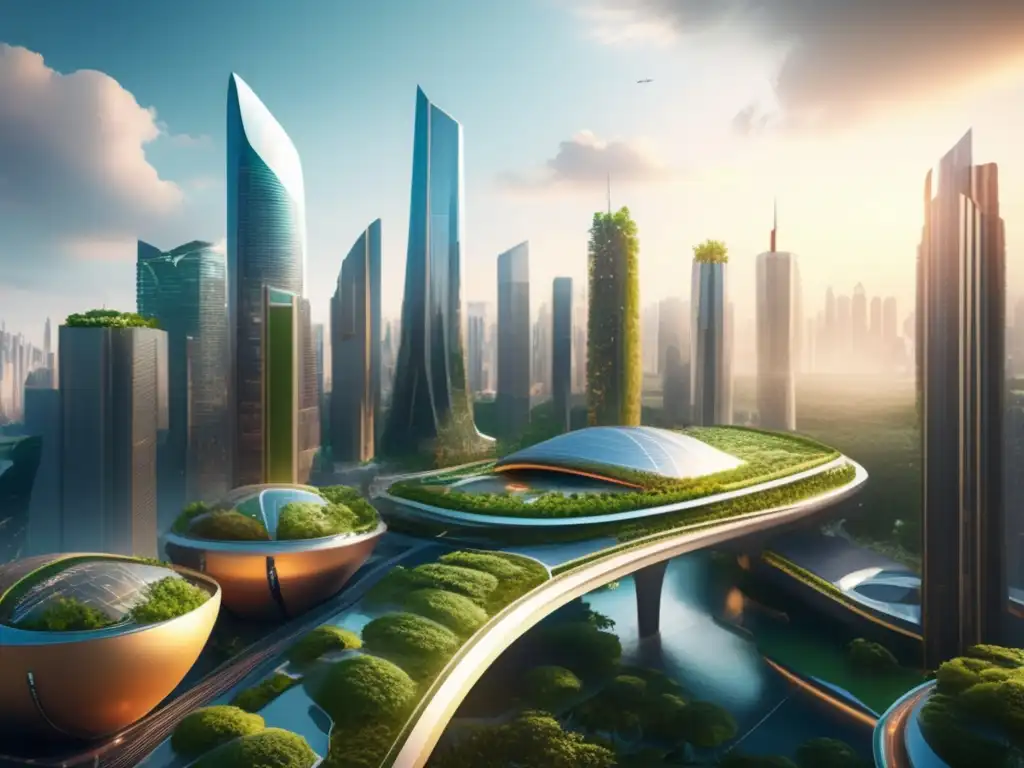 Una ciudad futurista con rascacielos, arquitectura moderna, naturaleza integrada, sostenibilidad y preparación ante el cambio climático