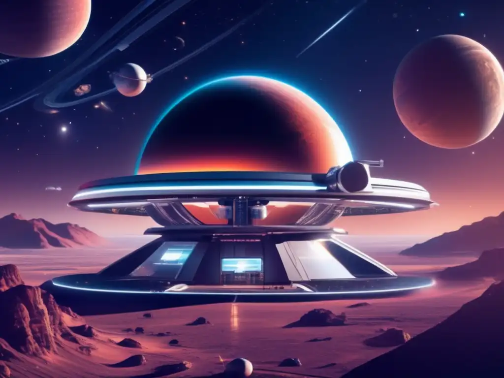 Futurista estación espacial y astronautas reparando nave Preparacionismo en el espacio: Guía de supervivencia futurista - Estación espacial futurista con astronautas realizando reparaciones y entrenando en gravedad simulada