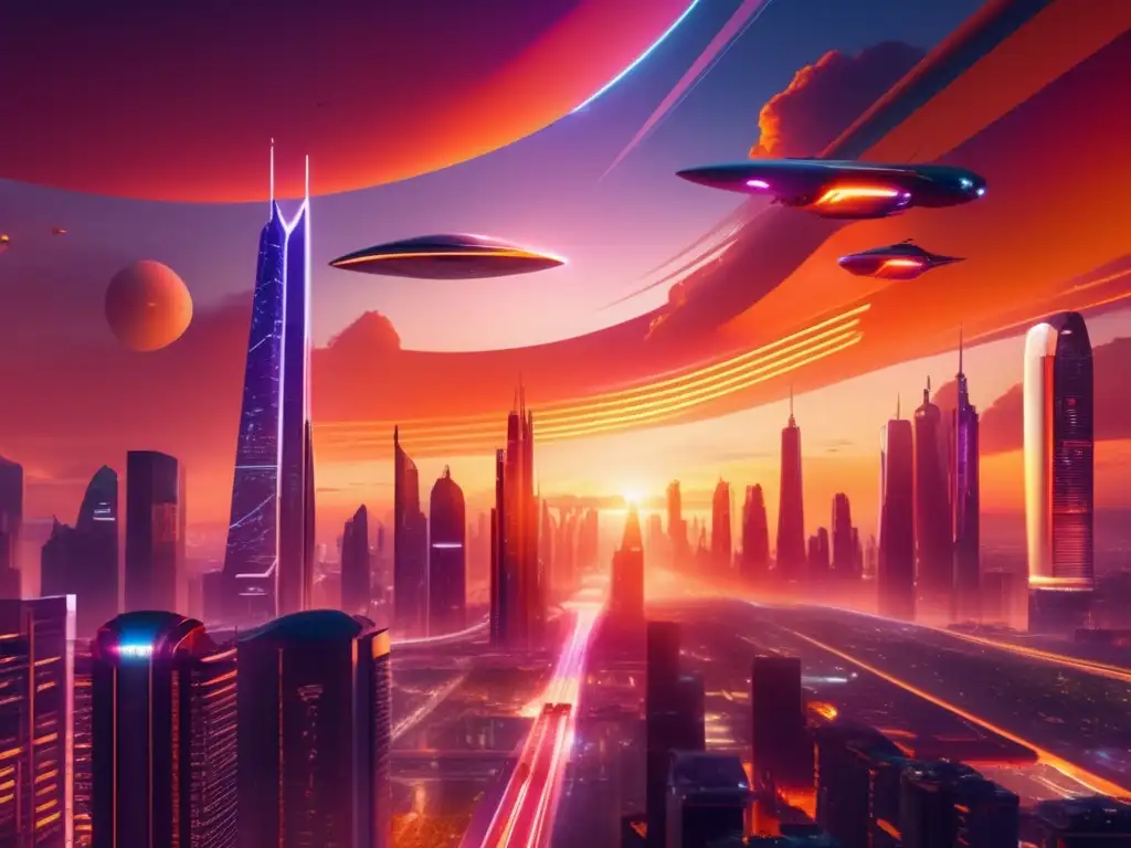 Futurista ciudad iluminada por un vibrante atardecer