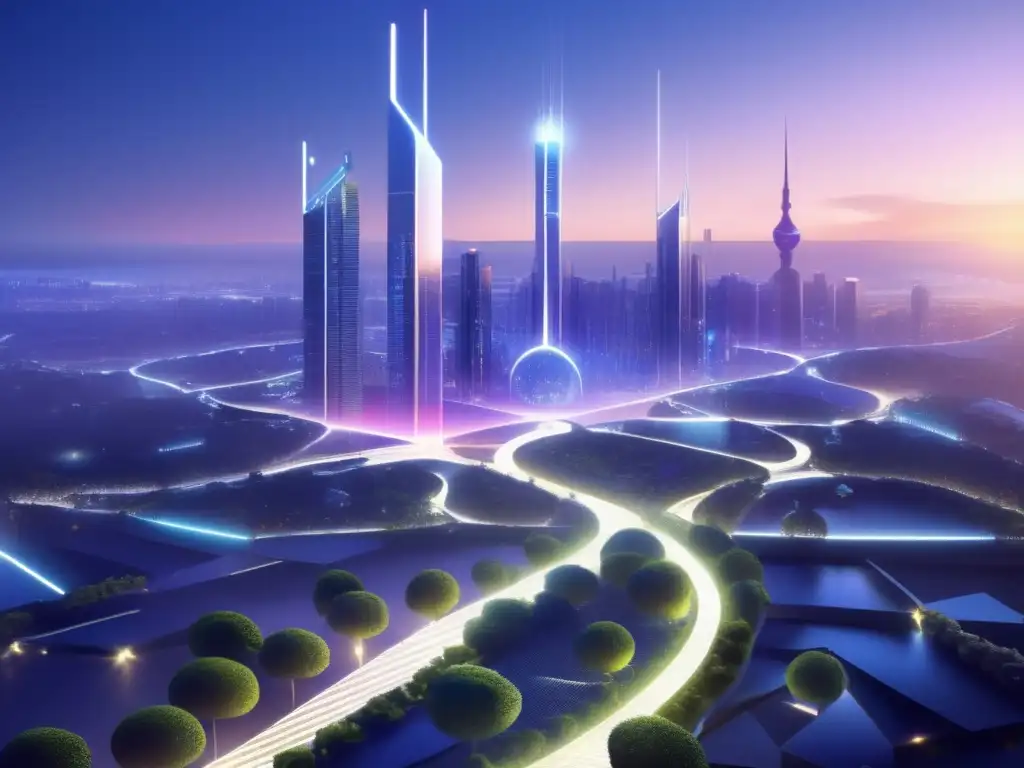 Ciudad futurista: progreso y unidad Futuro ciudad nocturna: rascacielos brillantes, naturaleza exuberante, alianzas y supervivencia global