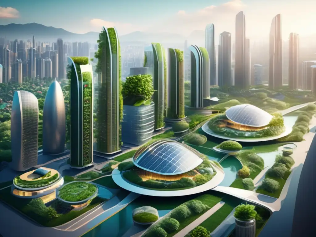 Ciudad futurista con rascacielos ecológicos y equilibrio entre naturaleza y tecnología