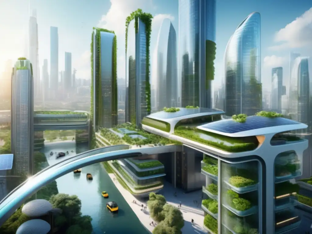 Ciudad sostenible con rascacielos verdes Moderna ciudad sostenible con rascacielos de vidrio y acero, jardines verticales, paneles solares y transporte eléctrico