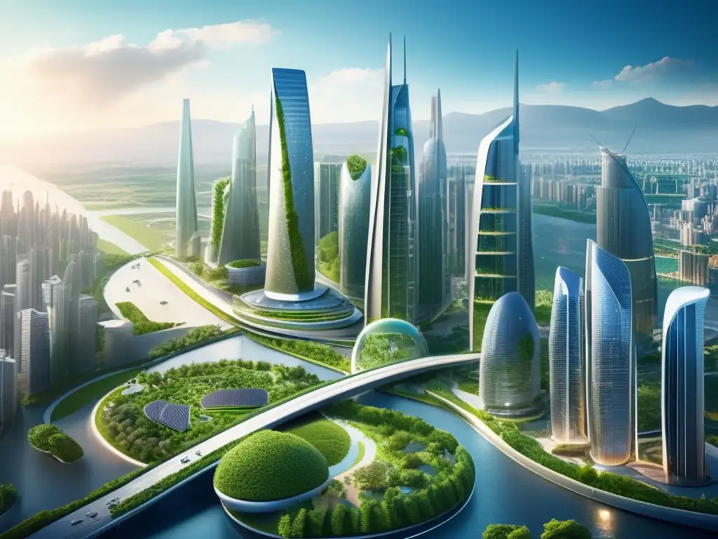 Ciudad futurista sostenible con infraestructura verde y tecnologías avanzadas