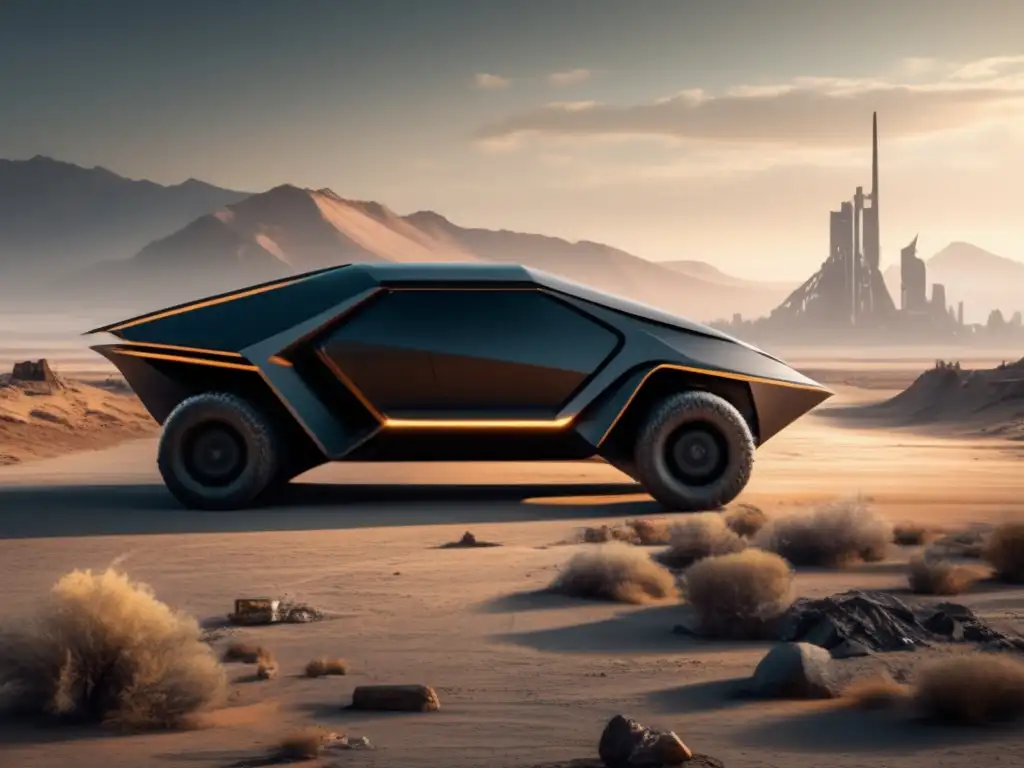 Vehículo supervivencia combustible idóneo en paisaje postapocalíptico con estética futurista