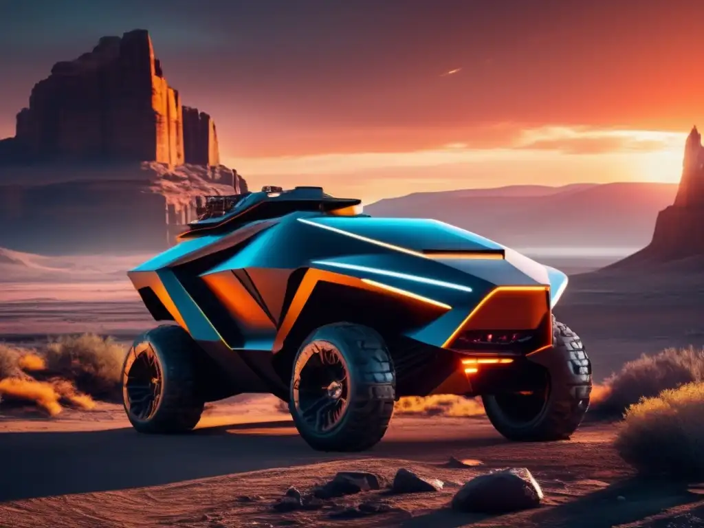 Vehículo de supervivencia futurista en paisaje postapocalíptico