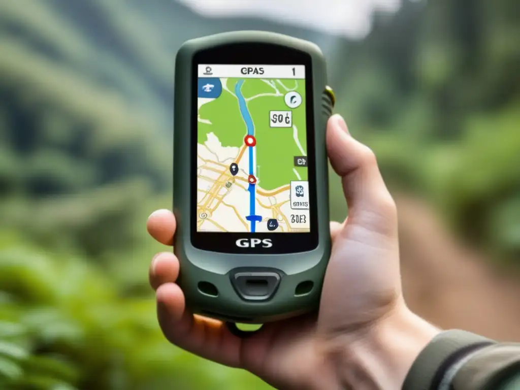 Persona usando GPS en emergencia en un bosque