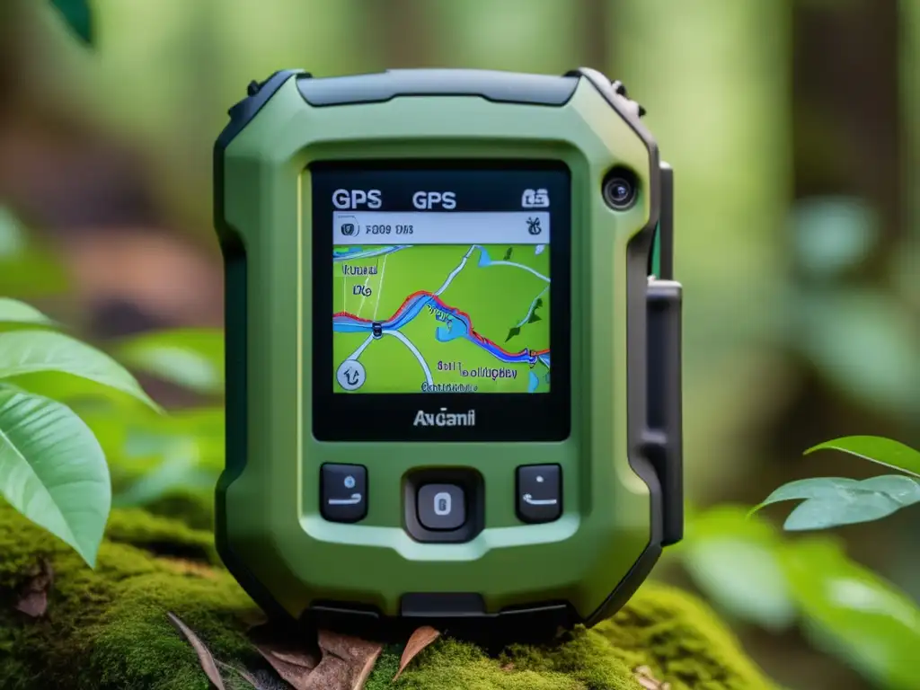 GPS resistente en bosque con mapa topográfico y equipo de supervivencia