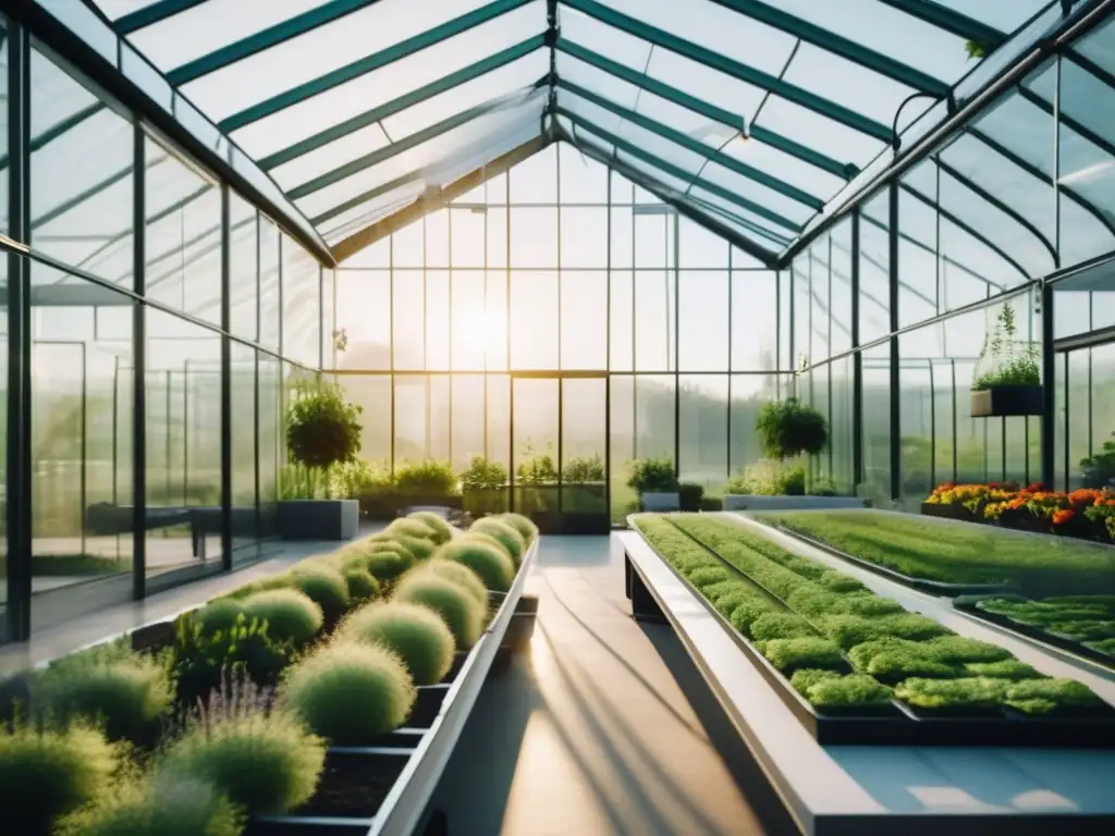 Invernadero de supervivencia con diseño eficiente y estético, rodeado de naturaleza exuberante y lleno de plantas vibrantes y saludables