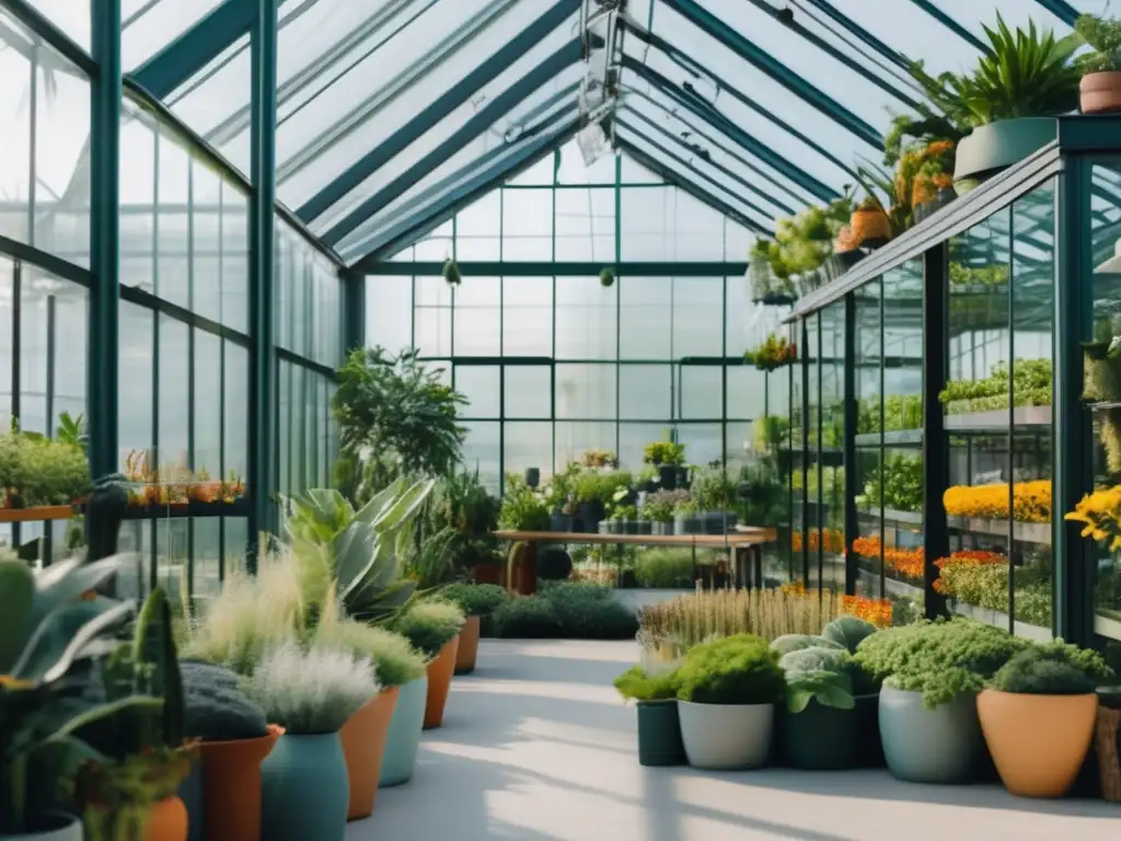 Invernadero moderno con plantas exuberantes y detalladas en 8k