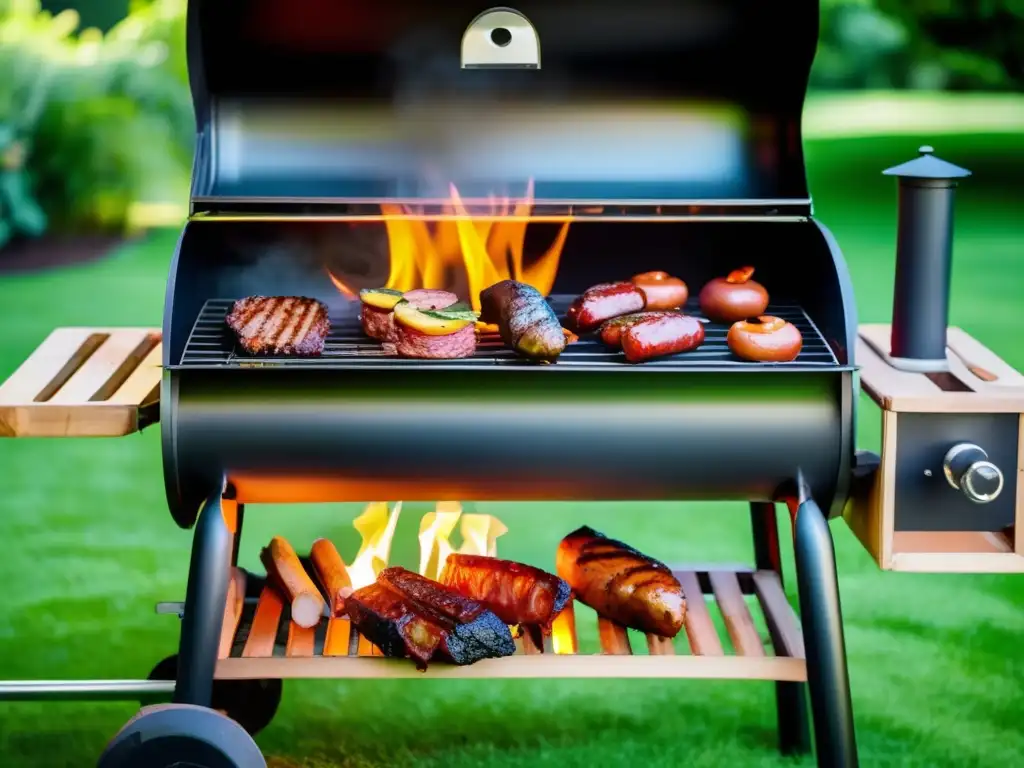 Guía de ahumado de alimentos para principiantes: Grill de madera con alimentos ahumados y jardín verde