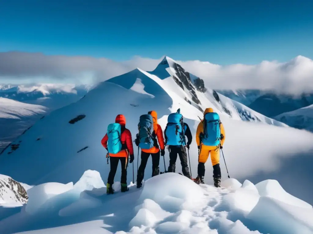 Cursos de supervivencia en climas extremos para preparación: grupo de aventureros en una montaña nevada, paisaje helado impresionante