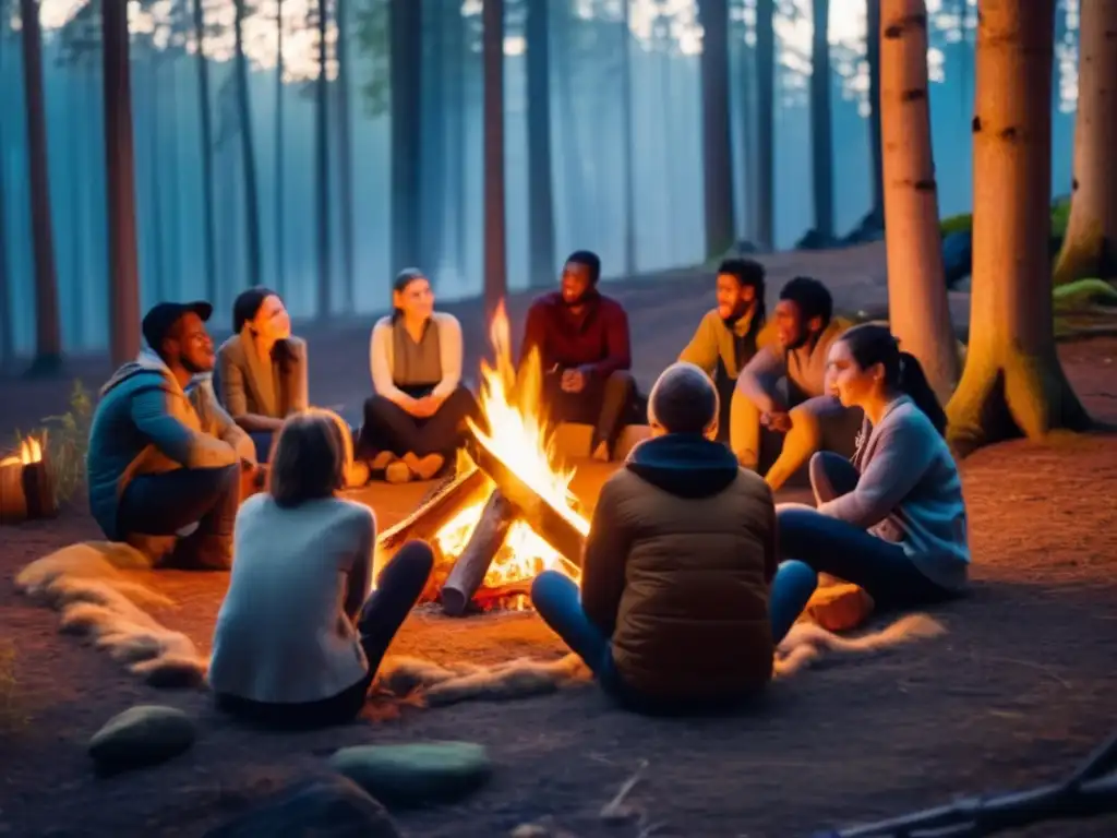 Técnicas de resolución de conflictos en supervivencia: grupo en círculo alrededor de fogata en bosque, escuchando y colaborando