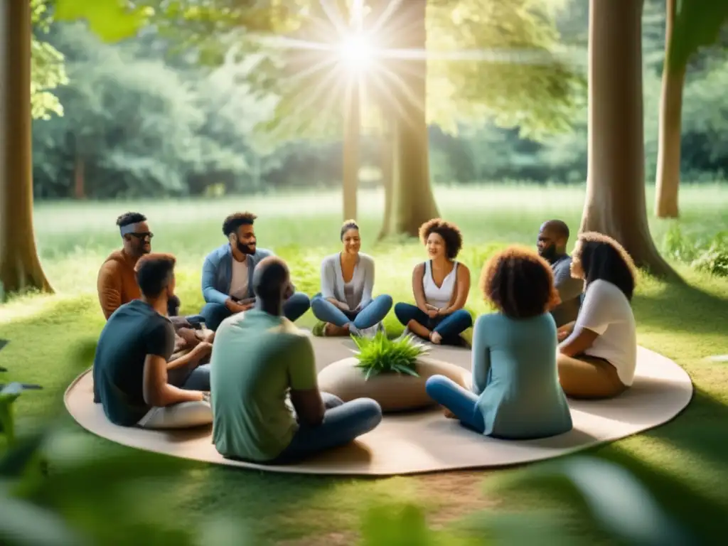 Grupo diverso en apoyo mutuo en un bosque verde con rayos de sol - Consejos para fomentar resiliencia en grupo supervivencia