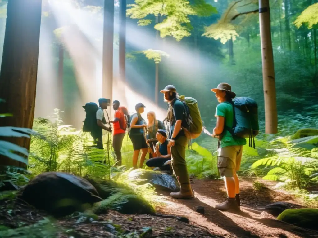 Grupo diverso aprendiendo técnicas supervivencia prácticas en el bosque