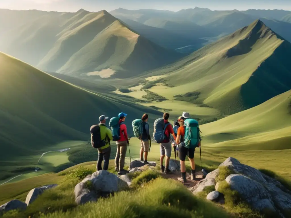 Grupo de excursionistas en una montaña, rodeados de vistas panorámicas de un valle verde