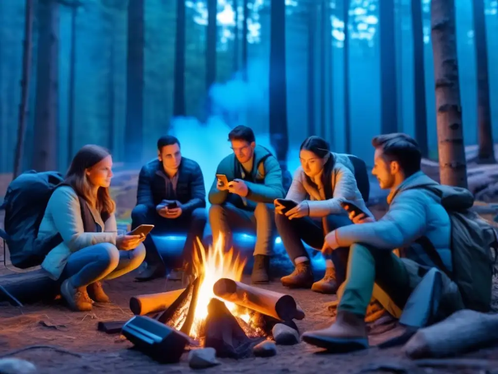 Grupo de preparacionistas alrededor de una fogata en el bosque, con dispositivos de comunicación modernos y resistentes