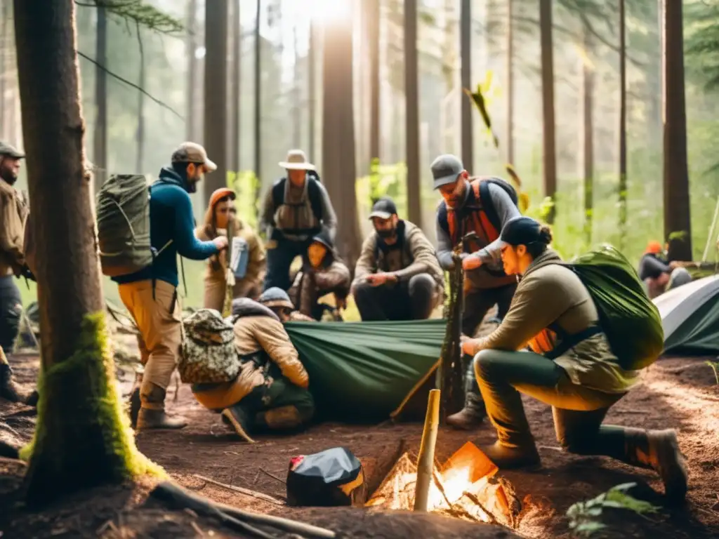 Curso de supervivencia para preppers construyendo refugios en el bosque