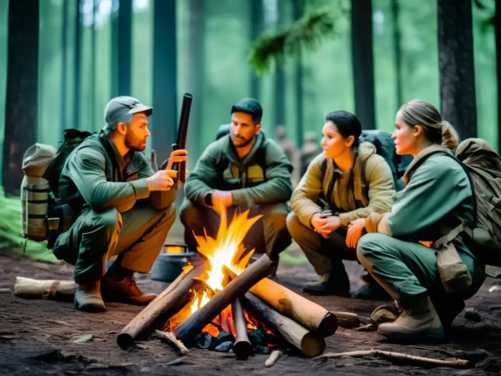 Tácticas de supervivencia para preppers en bosque con fogata y equipo táctico