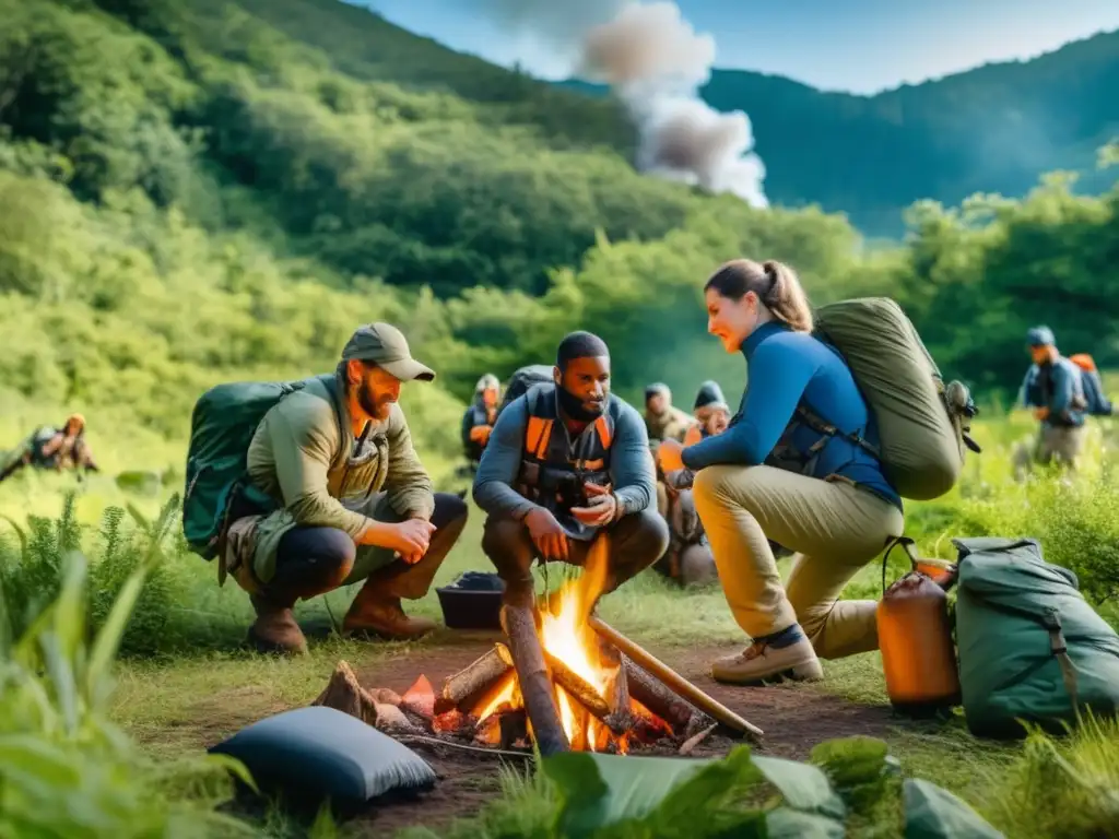 Beneficios de certificación de supervivencia para preppers: grupo diverso adquiriendo habilidades prácticas en entrenamiento al aire libre