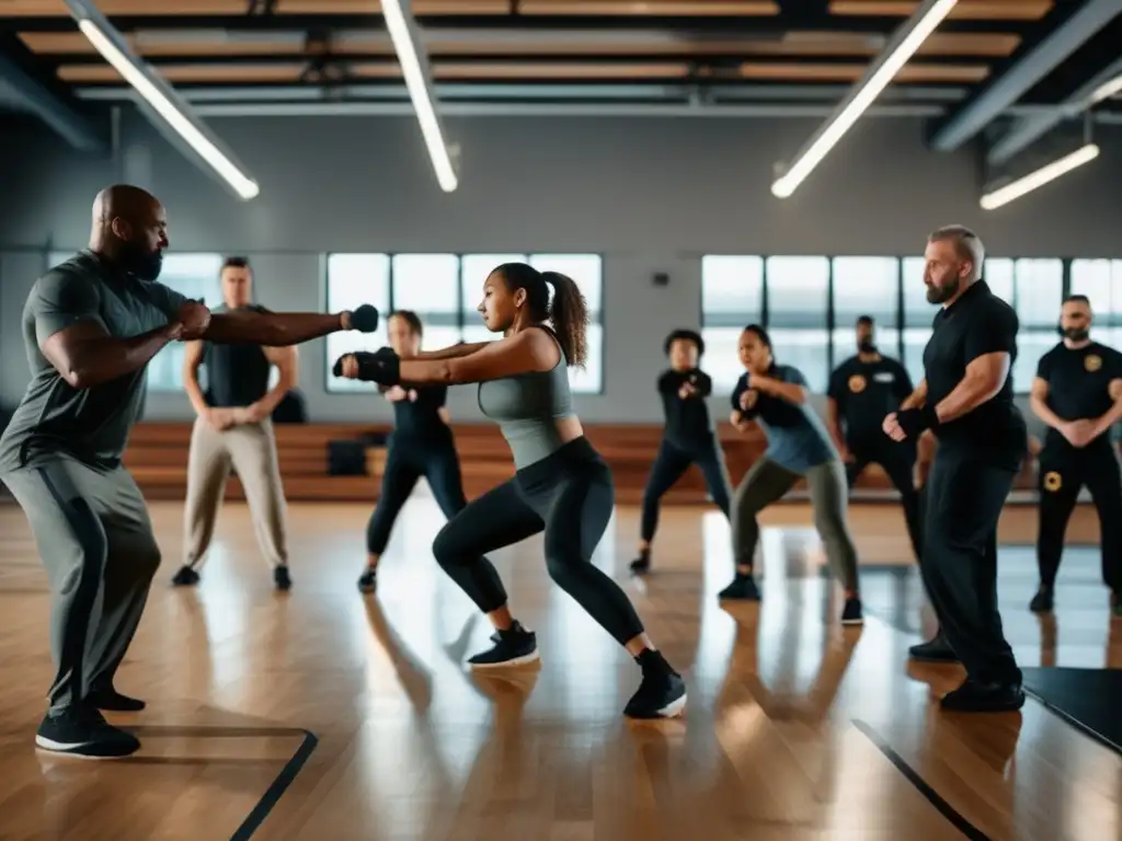 Técnicas de defensa personal para preppers avanzados en un gimnasio espacioso y bien iluminado con suelos de madera pulida y paredes con espejos