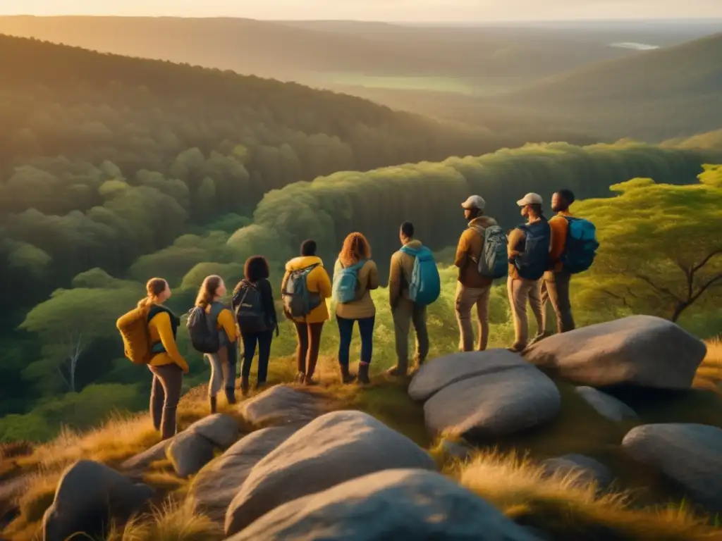 Personas diversas en un acantilado, confianza y supervivencia grupal en un bosque exuberante