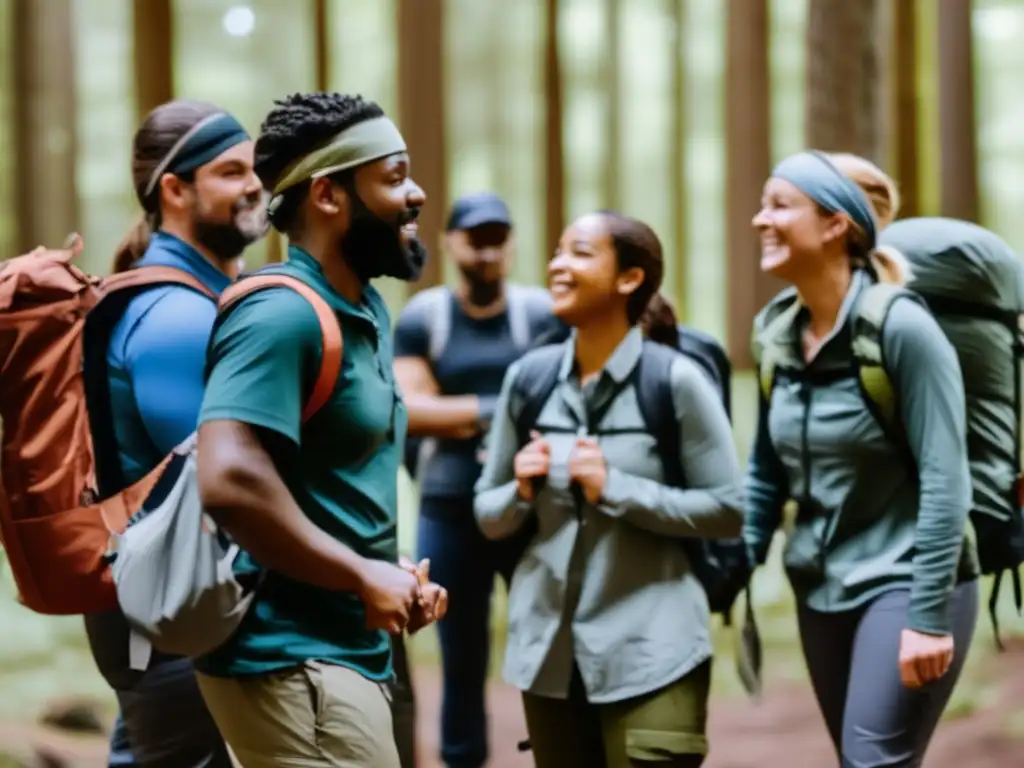 Consejos para fomentar resiliencia en grupo supervivencia, imagen de personas en el bosque practicando actividades de confianza y supervivencia