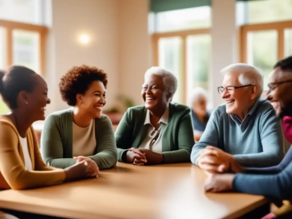 Integración de ancianos en preparacionismo: grupo diverso de personas de diferentes edades y fondos, conversando en un centro comunitario