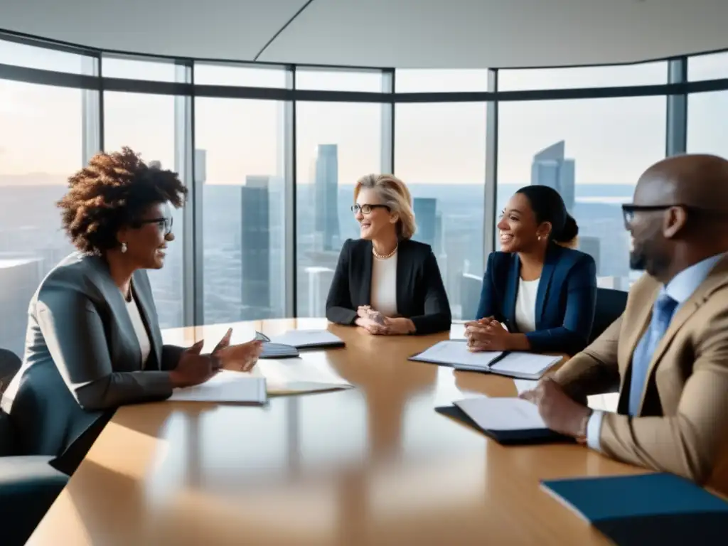 Personas diversas discutiendo preparacionismo financiero resiliencia económica en una sala moderna con vista panorámica a la ciudad