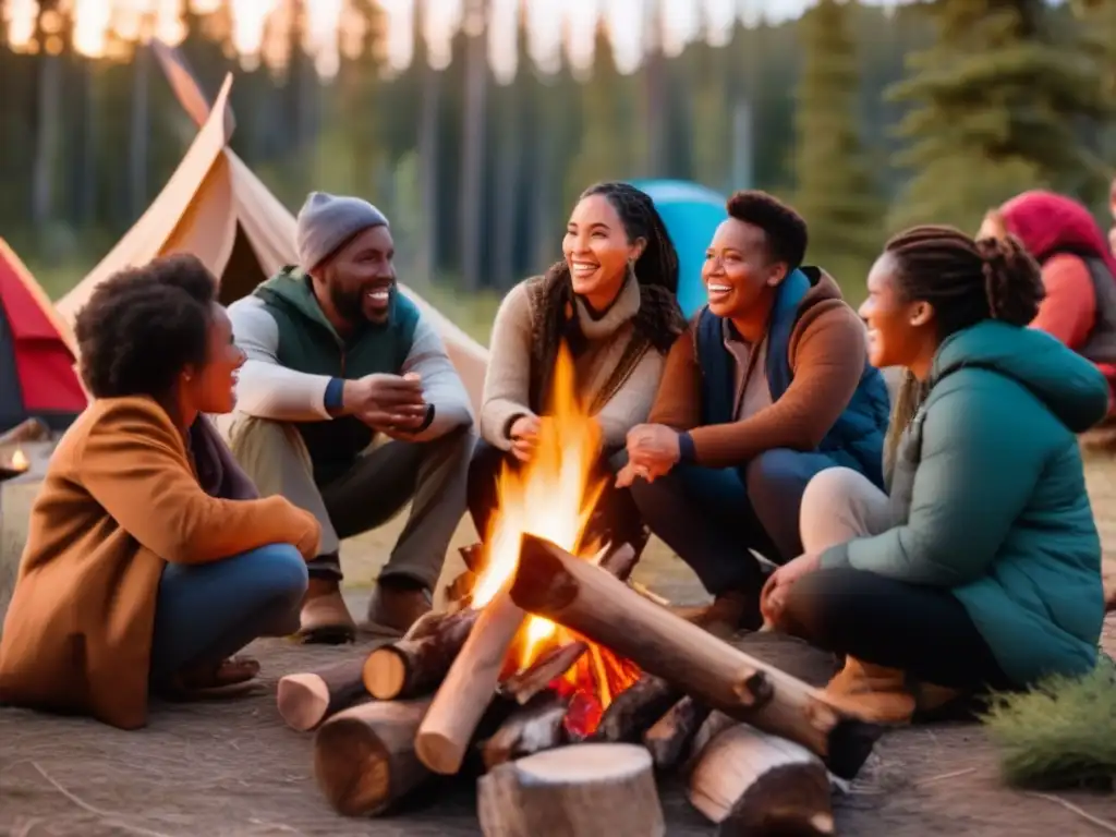 Importancia del humor en supervivencia grupal: Grupo diverso alrededor de una fogata en la naturaleza, compartiendo risas y historias