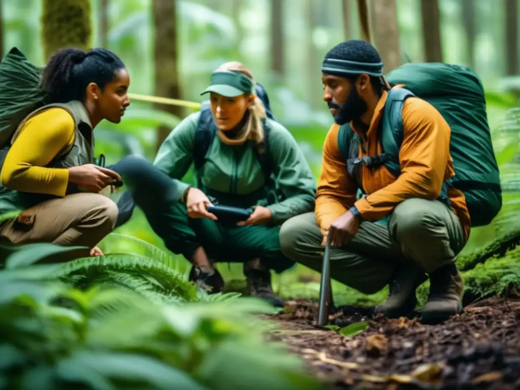 Grupo diverso en curso supervivencia en bosque exuberante