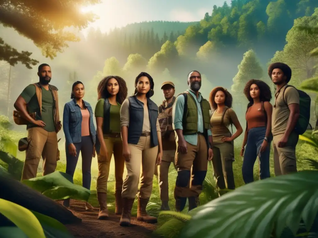 Grupo diverso en escenario natural, practicando gestión de habilidades en supervivencia grupal