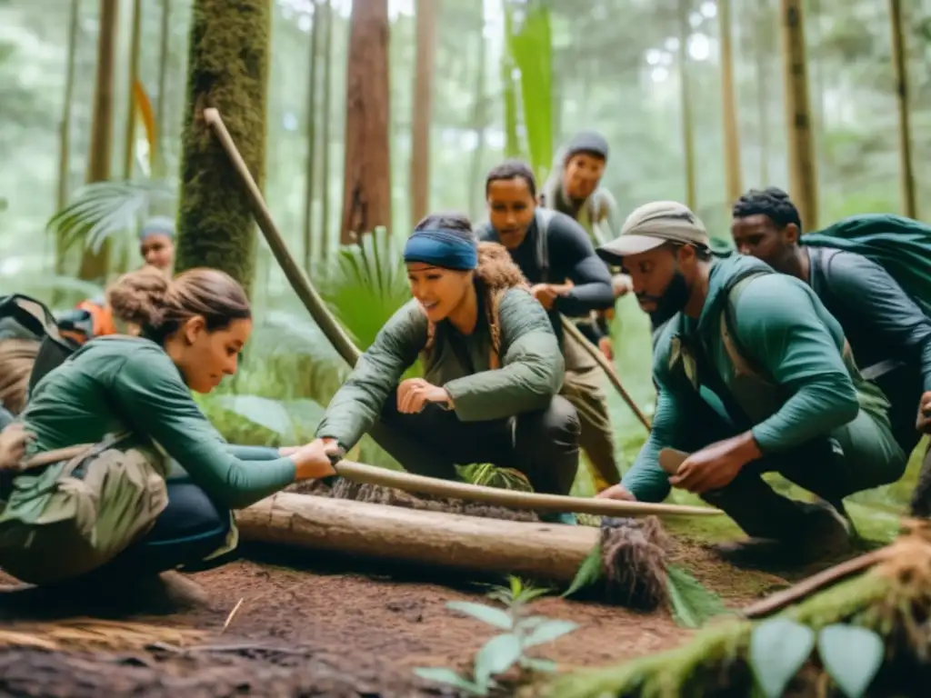 Grupo diverso en un taller de supervivencia avanzado, construyendo refugios, encendiendo fuego y navegando en la naturaleza