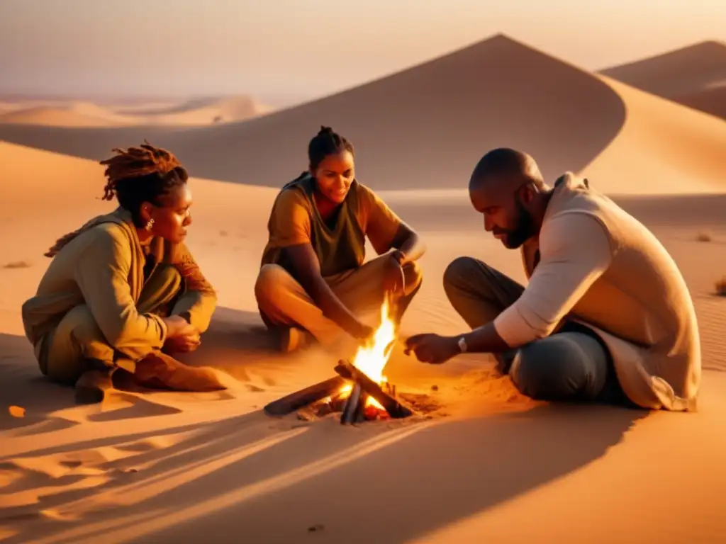 Talleres supervivencia en el desierto con diverso grupo de participantes en intensa actividad y paisaje arenoso