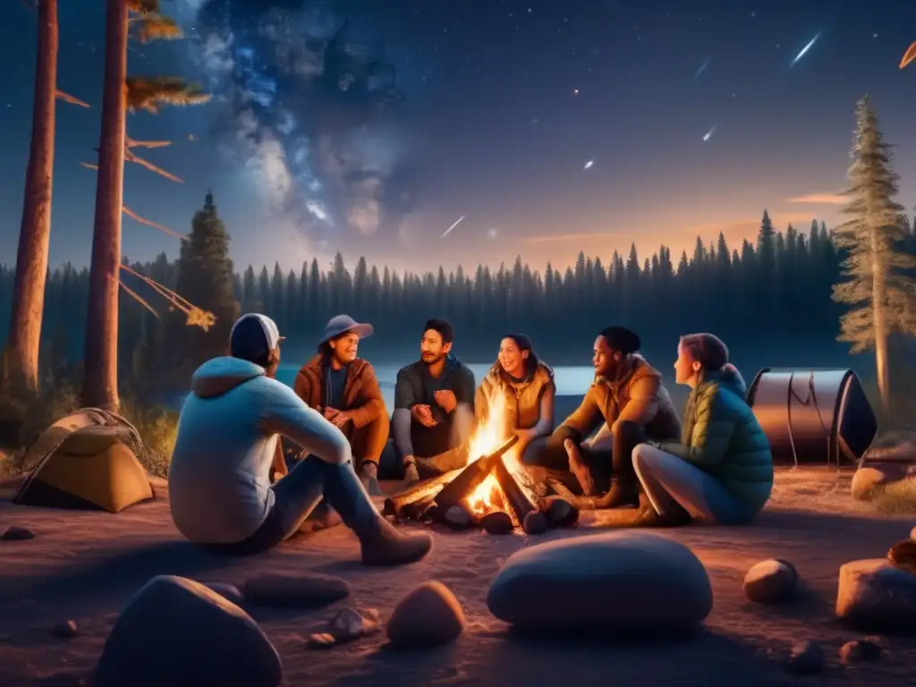 Grupo diverso alrededor de fogata en la naturaleza Personas preparadas con radio satelital en kit de supervivencia