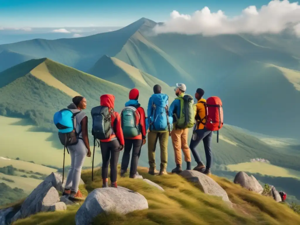 Grupo diverso de personas preparadas para sobrevivir en la naturaleza Grupo diverso preparándose para el cambio climático y la supervivencia en la montaña