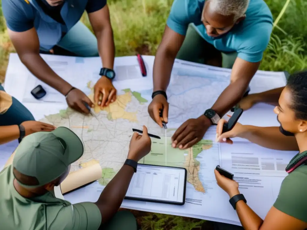 Grupo diverso discutiendo preparación con mapa, herramientas y documentos